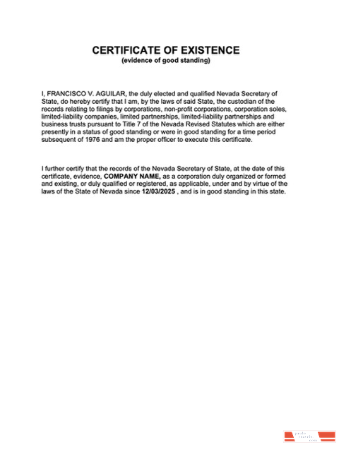 USA Nevada certificate of existence Word and PDF template